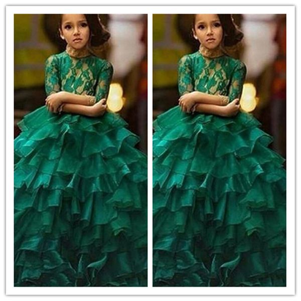 

ball gown green girls pageant dress lace 3/4 long sleeves kids ruffles tiered skirt birthday party gowns prom dress custom size, White;red