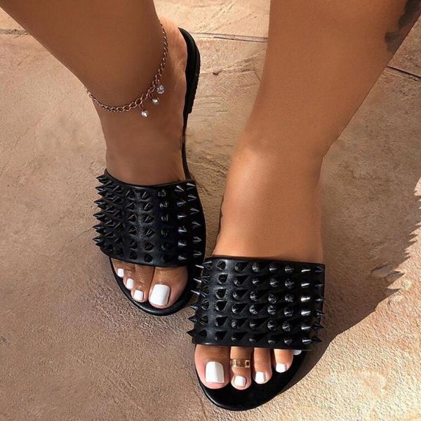 

summer women slippers rivet flat sandals indoor home shoes for women girls casual large size slippers flat beach shoes, Black