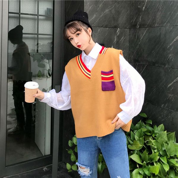 

winter sweet wind wild loose casual cute college wind kawaii rainbow features v-neck sleeveless pocket fashion sweater vest, Black;white