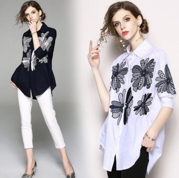 

summer new women's heavy industry embroidery cotton hemp large shirt, White