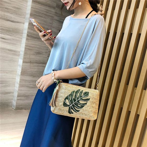 

women's bags 2019 fashion ladies tassel pineapple leaves woven rattan bag wild messenger shoulder bag beach handbag #ll