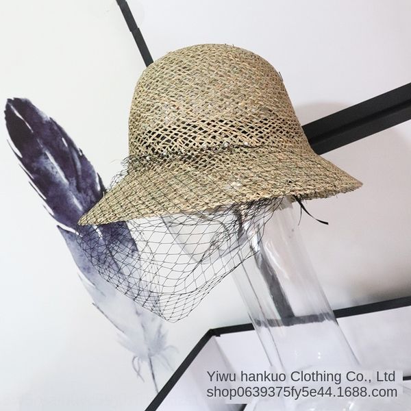 

hollow mesh straw bucket bucket straw fisherman female sun holiday travel sunscreen dome fisherman hat elegant woven hat tide, Blue;gray