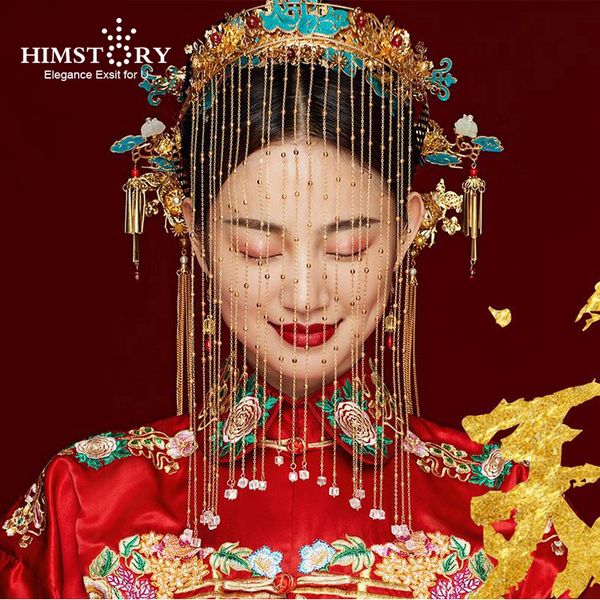 

himstory luxurious traditional chinese wedding hair accessories retro costume princess queen tassel hairwear headpiece jewelry, Golden;white