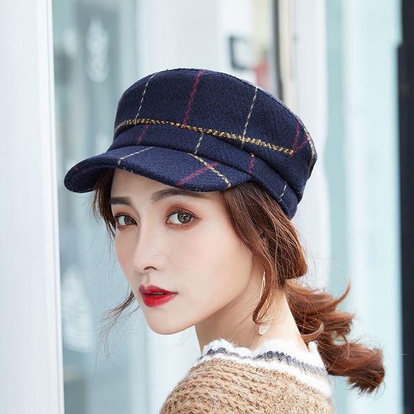 

new pattern autumn and winter restore ancient ways england wind octagonal hat stripe joker peaked cap korean bud hat trend beret, Blue;gray