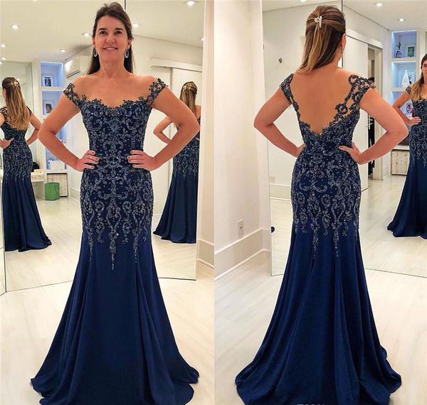 Elegante marinho azul mãe da noiva vestidos 2019 sem encosto noivo formal goodmother noite festa de casamento convidados vestido mais tamanho feito sob encomenda