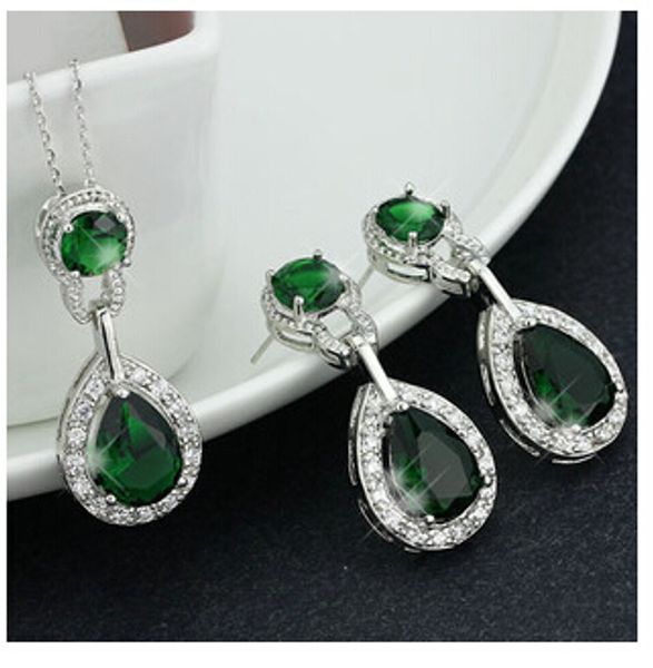 Atacado-verde cor de casamento conjuntos de jóias para mulheres nupcial prata ouro banhado a cristal vintage conjunto de jóias
