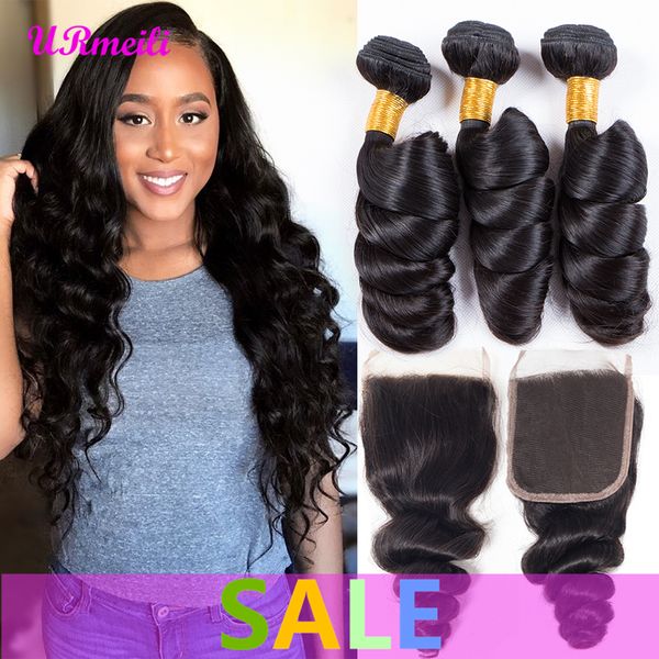 

peruvian loose wave human hair bundles with closure transparent lace remy human hair weave natural black color 3/4 bundles with closure, Black;brown