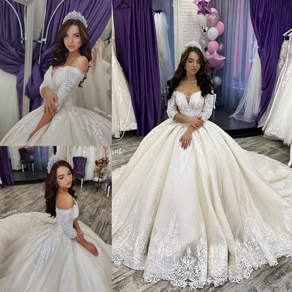 

charming puffy ball gowns wedding dresses off shoulder long sleeve bridal gowns lace appliques dubai arabic wedding dress, White