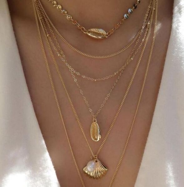 

boho beach women многослойная подвеска из искусственной жемчужной раковины с пайетками и цепочками ожерелье с блестками и жемчужиной комбини, Golden