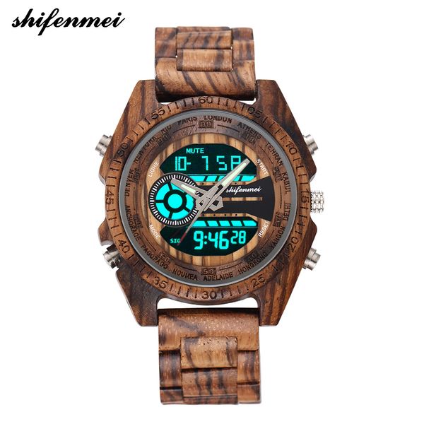

shifenmei 2139 antique mens zebra and ebony wood watches with double display business watch in wooden digital quartz watch y19051503, Slivery;brown