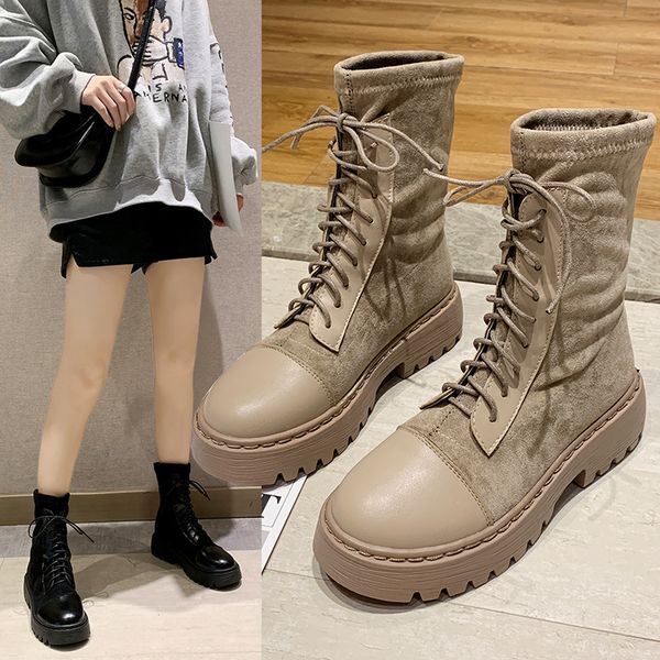 

women's boots autumn booties ladies round toe clogs platform shoes woman winter shoes lace up luxury designer mid calf med 2020, Black