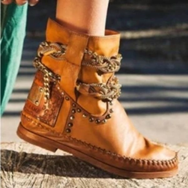 

boots goxpacer 2021 metal chain shoes women flat heel personality round toe ankle plus size punk short, Black