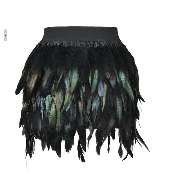 

new women feather mini skirt elastic waist high street gradient color feather party skirt green purple s m l xl, Black