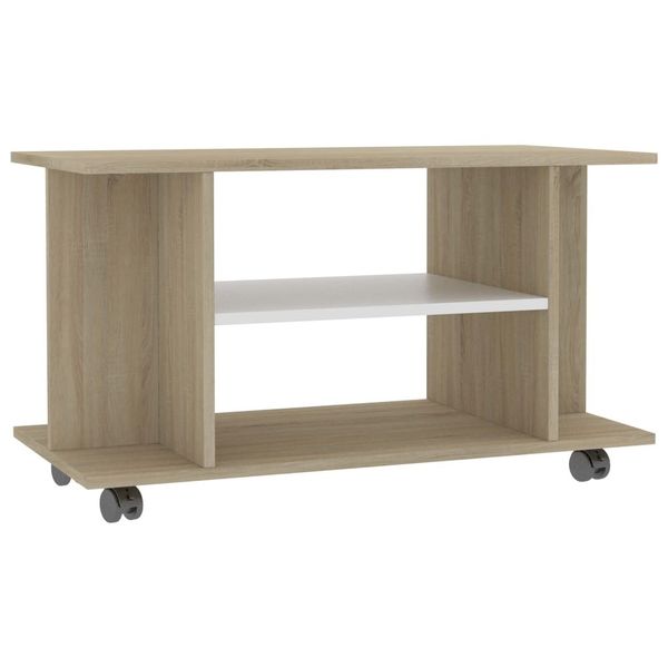 

tv stand with casters white and oak sonoma 80x40x40 cm living room furniture