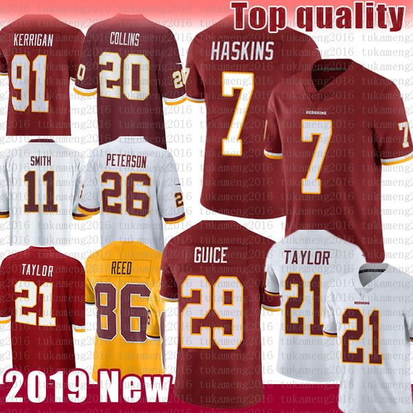 

7 dwayne haskins washington redskin jersey 21 sean taylor derrius guice 20 landon collins 26 adrian peterson 91 kerrigan reed smith, Black;red