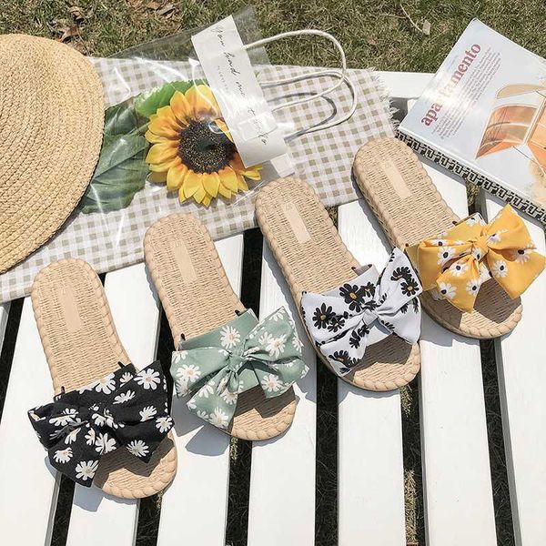 

2020 new female slippers summer small daisy bow woven shoes women fashion slippers lady shoes bohemian flower flat, Black