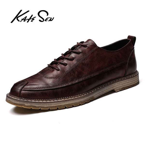 

katesen men shoes genuine leather casual shoes outdoor work rubber sole sneakers men oxford zapatillas hombre, Black