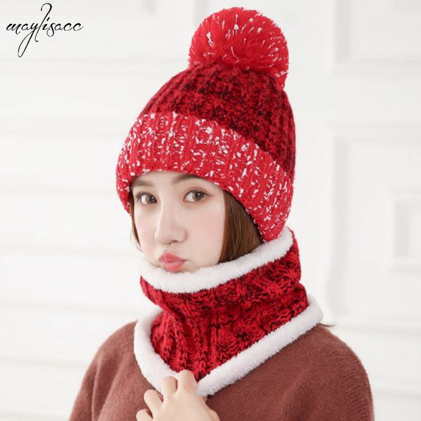 

maylisacc scarf hat set for female korean style fleece cap autumn and winter warm striped leisure knitted headgear pompom hat, Blue;gray
