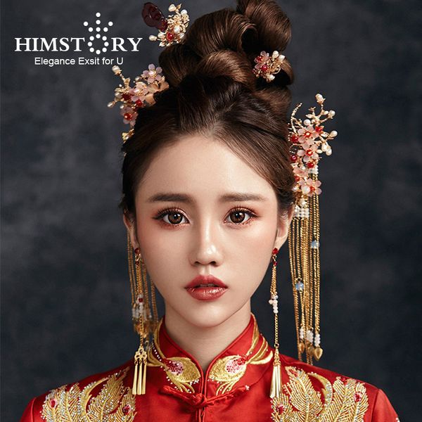 

himstory traditional chinese bride headdress costume hairclips floral hairpin wedding hairwear pgraphy hair stick accessory, Golden;white