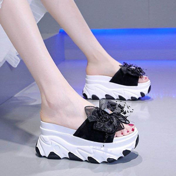 

slippers women summer high-heeled shoes lady slides pantofle fashion on a wedge butterfly-knot platform heels 2020 soft, Black