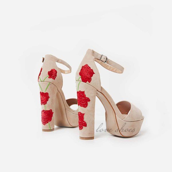 

red floral platform heel in nude faux suede high heel sandal, Black