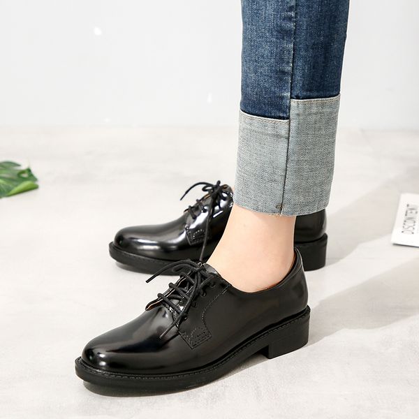 

teahoo black patent leather oxford shoes for women lace up women flat shoes round toe oxfords casual basis woman