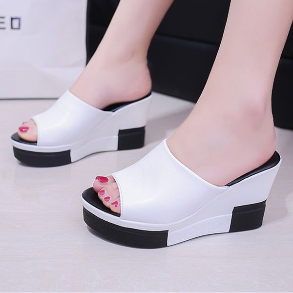 

women shoes leather fashion flip flops breathable summer platform slippers open toe wedges sandals ladies plus size 35-40, Black