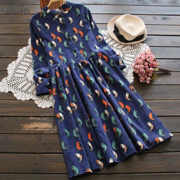 

corduroy high elastic waist vintage dress 2020 spring autumn women full sleeve shirt dress floral print dresses vestidos r281, Black;gray