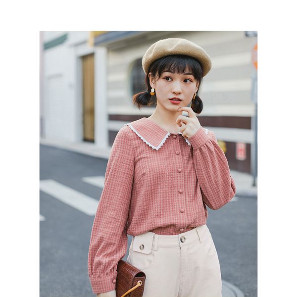 

inman 2020 spring new arrival literary retro young girl doll collar plaid loose long sleeve women blouse, White