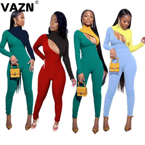 

vazn new 2020 fashihigh street jumpsuits print dot casual bodycon o-neck knit long pants slim long jumpsuit, Black;white