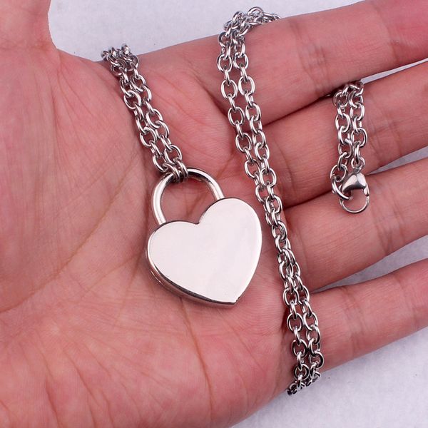 

2020 new stainless steel double layered chains hiphop punk padlock necklace men rock heart lock key necklaces for women jewelry, Silver