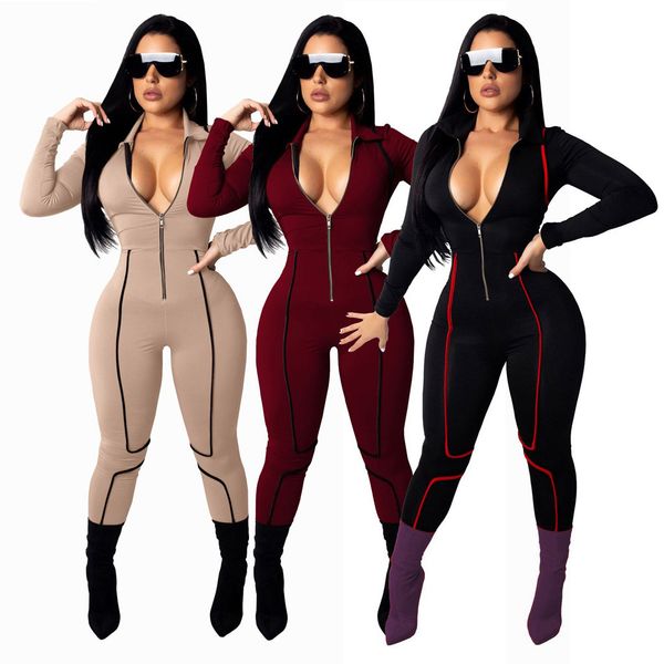 

women party jumpsuits slim fit v neck long sleeve high waisted long pants romper bodysuit body mujer solid color jumpsuits, Black;white