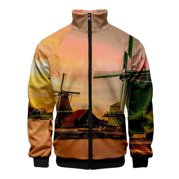 

new beach windmill stand collar zipper sweatshirts men women ocean sky beautiful seaside view zipper hoodie men's 3d casual coat, Black