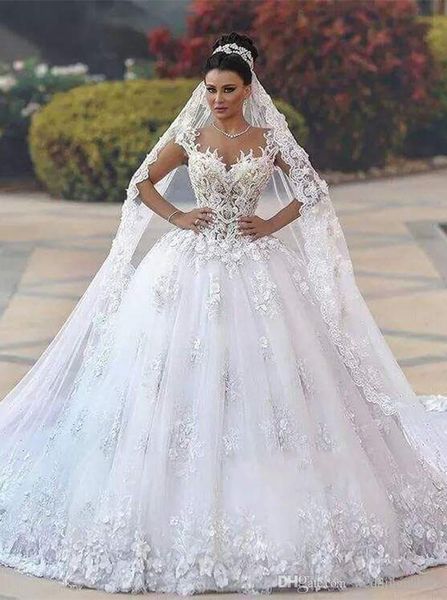 

luxurious ball gown wedding dresses sweetheart neck court train appliques saudi arabic bridal lace wedding gowns vestido de novia, White