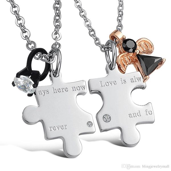 

new fashion lovers' couple pendant jigsaw puzzle necklace with stainless steel + cubic zirconia women men jewelry gift gx608, Silver