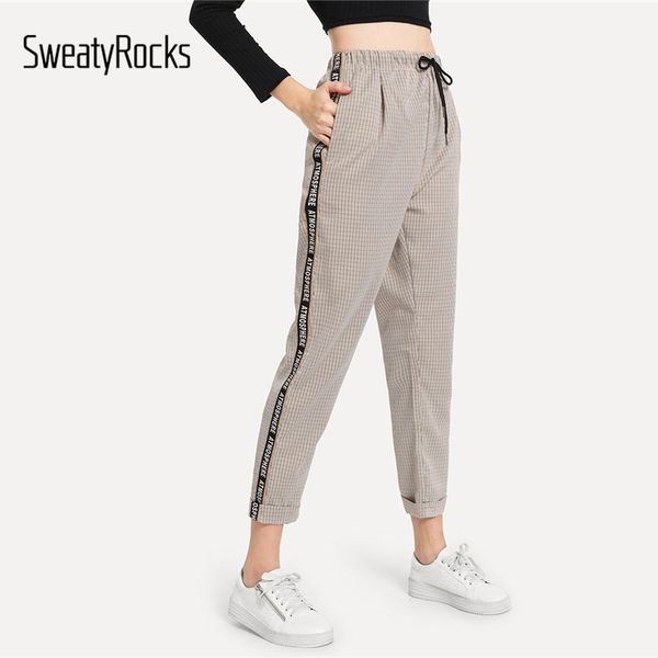 

sweatyrocks plaid letter tape pants streetwear female khaki drawstring pants 2019 fashion spring women casual and trousers, Black;white