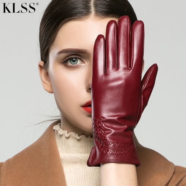 

klss brand genuine leather women gloves goatskin glove fashion elegant lady driving for winter klss2303, Blue;gray