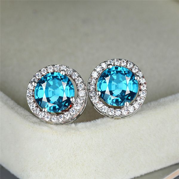 

stud korean female blue crystal earrings trendy zirconia silver for women minimalist round rainbow wedding, Golden;silver
