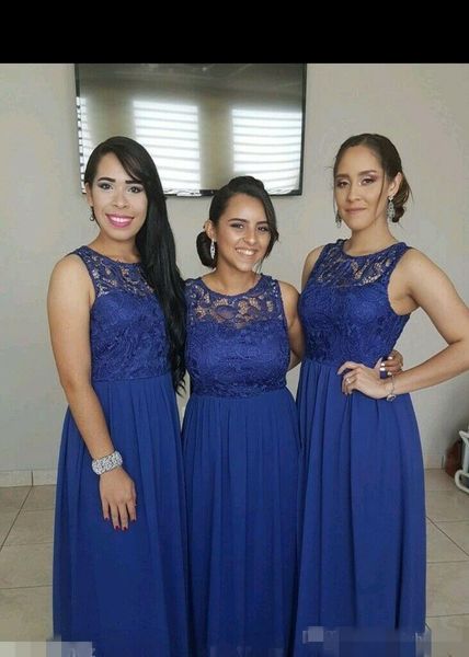 Royal barato azul vestidos de dama de honra renda pescoço colher chiffon sem mangas vestido de dama de honra feito sob encomenda para praia casamento noite wear