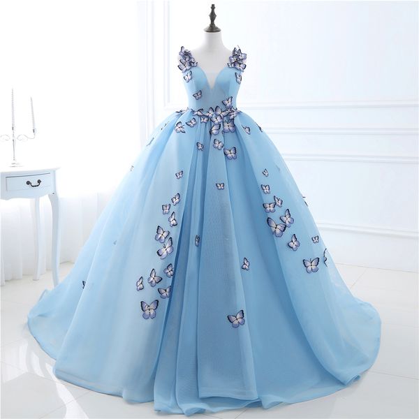 

sky blue v neckline ball gown evening dresses with butterfly embroidery appliques blue prom dress vestido formatura party dress, Black;red