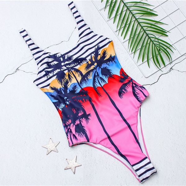 

ins 2019 new one piece swimsuit pink coconut tree print swimwear women bathing suit beach backless high leg monokini swimsuit, White;black