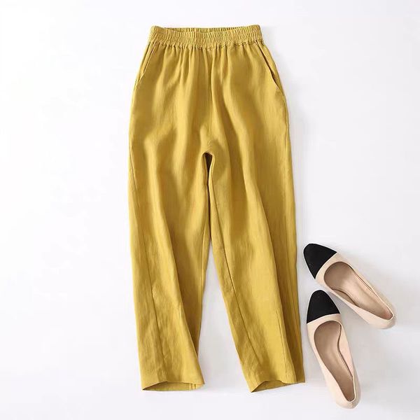 

women's pants & capris 2021 summer women elastic waist loose ankle-length 100% cotton yellow casual harem plus size vintage s723, Black;white