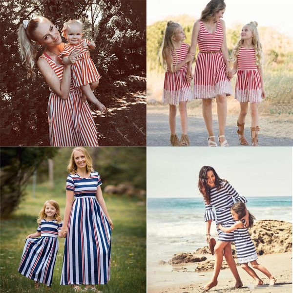 

mommy and me striped dress mother and daughter matching dress summer o neck family beach stripe dress, Blue