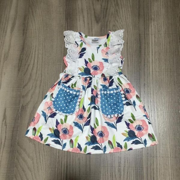 

новое летнее платье для маленьких девочек пыльно-розовое florla цветочные карманы кружева детская одежда бутик хлопок молоко шелк длиной до, White