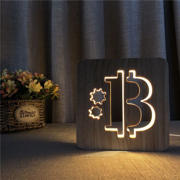 

bitcoin shape wooden 3d led lamp hollowed-out night light warm white table usb power supply as friend's gift