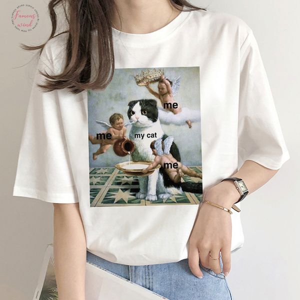 

me me my cat spoof summer women short sleeve harajuku letter print fun women casual large size loose cartoon t shirt print, White