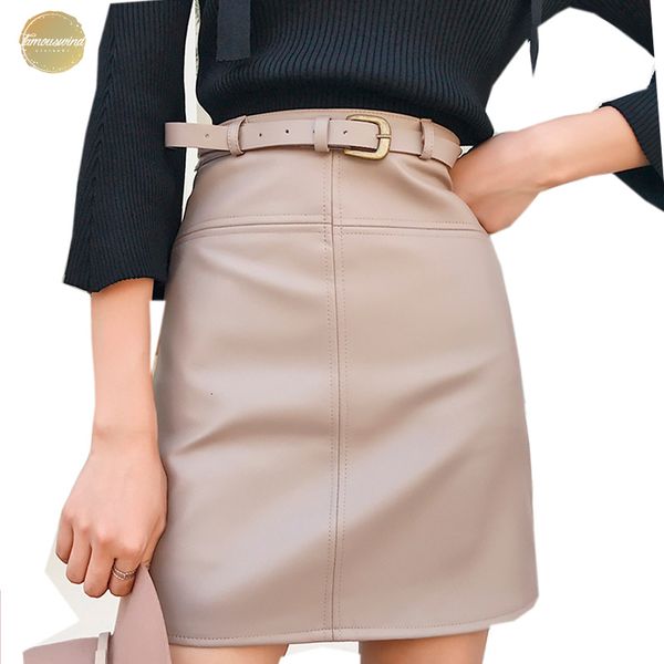 

spring new beige black a-line belt leather skirt for women high waist office wear skirts female short skirt with pu