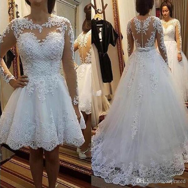 

2020 elegant wedding dresses with detachable skirt jewel long sleeve sweep train appliques beaded chapel garden bridal gowns vestido, White
