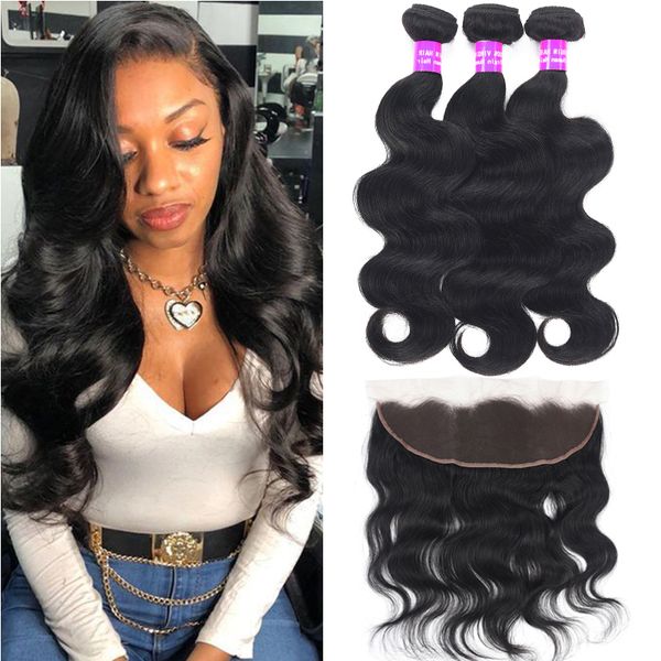 

9a brazilian virgin hair bundles with frontal unprocessed body deep loose wave human hair bundles with ear to ear 13x4 lace frontal closure, Black