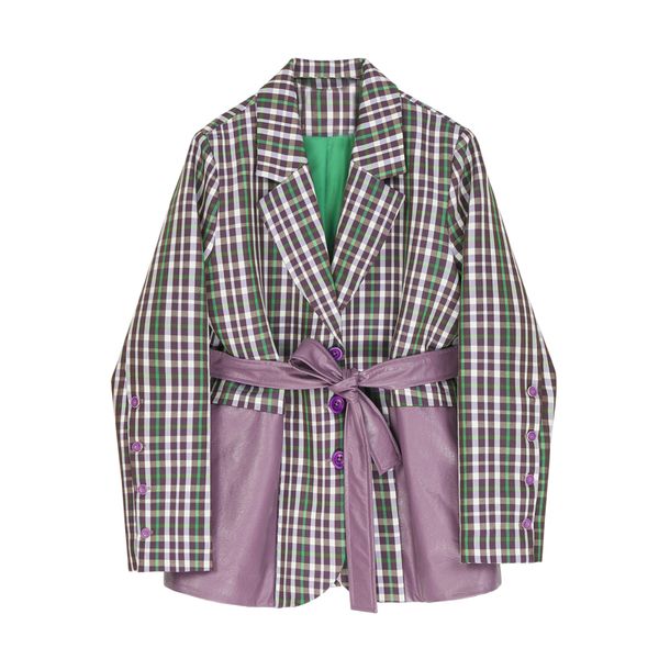 

sharezz 2020 spring autumn fashion blazer for women plaid pu leather big size new lapel long sleeve loose fit jacket tide, Tan;black